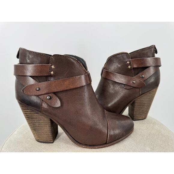 Rag & Bone Harrow Brown Leather Ankle Boots Heeled Heels 3 Strap Buckle 38.5 8.5 - Picture 1 of 6